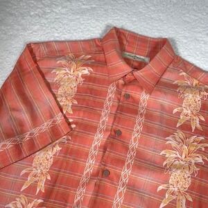 Tommy Bahama Silk Hawaiian Shirt Mens L orange Pineapple tropical Vacation Sun